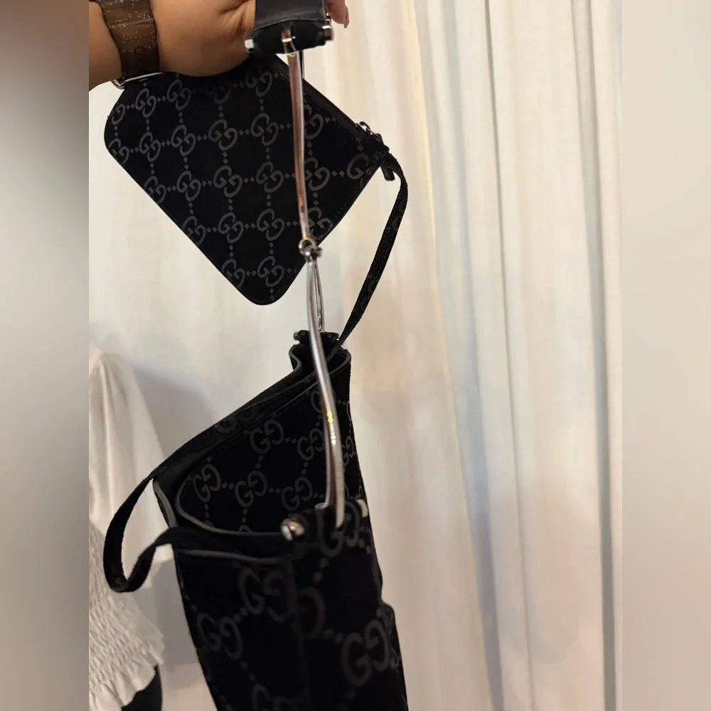 RARE Vintage Gucci Black Suede Monogram Metal Horsebit Strap Hobo Bag - Picture 9 of 17